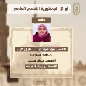 عاجل .. أوائل الثانوية الأزهرية.. حبيبة جعبوبة الأولى على القسم العلمي بنسبة 99.38% 2 222