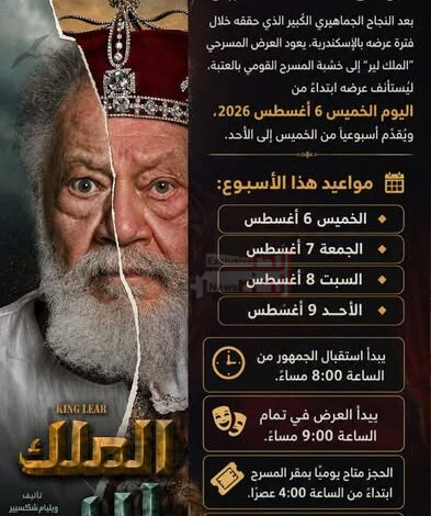 «الملك لير» يعود إلى جمهوره بالقاهرة على خشبة المسرح القومي بالعتبة 1 555