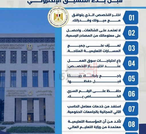 التعليم العالي : 9 نصائح مهمة لطلاب الثانوية العامة للتنسيق الإلكتروني 1 566 2